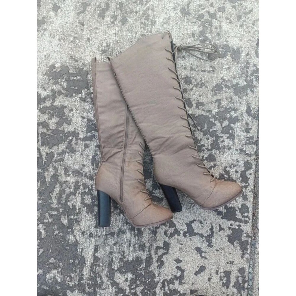 Womens 8.5 Taupe Tall Lace Up Heeled Boots Zip Y62568-TP